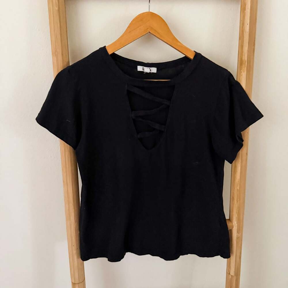 LNA Black Criss Cross V-Neck Cotton Tee T-Shirt Made in USA XS